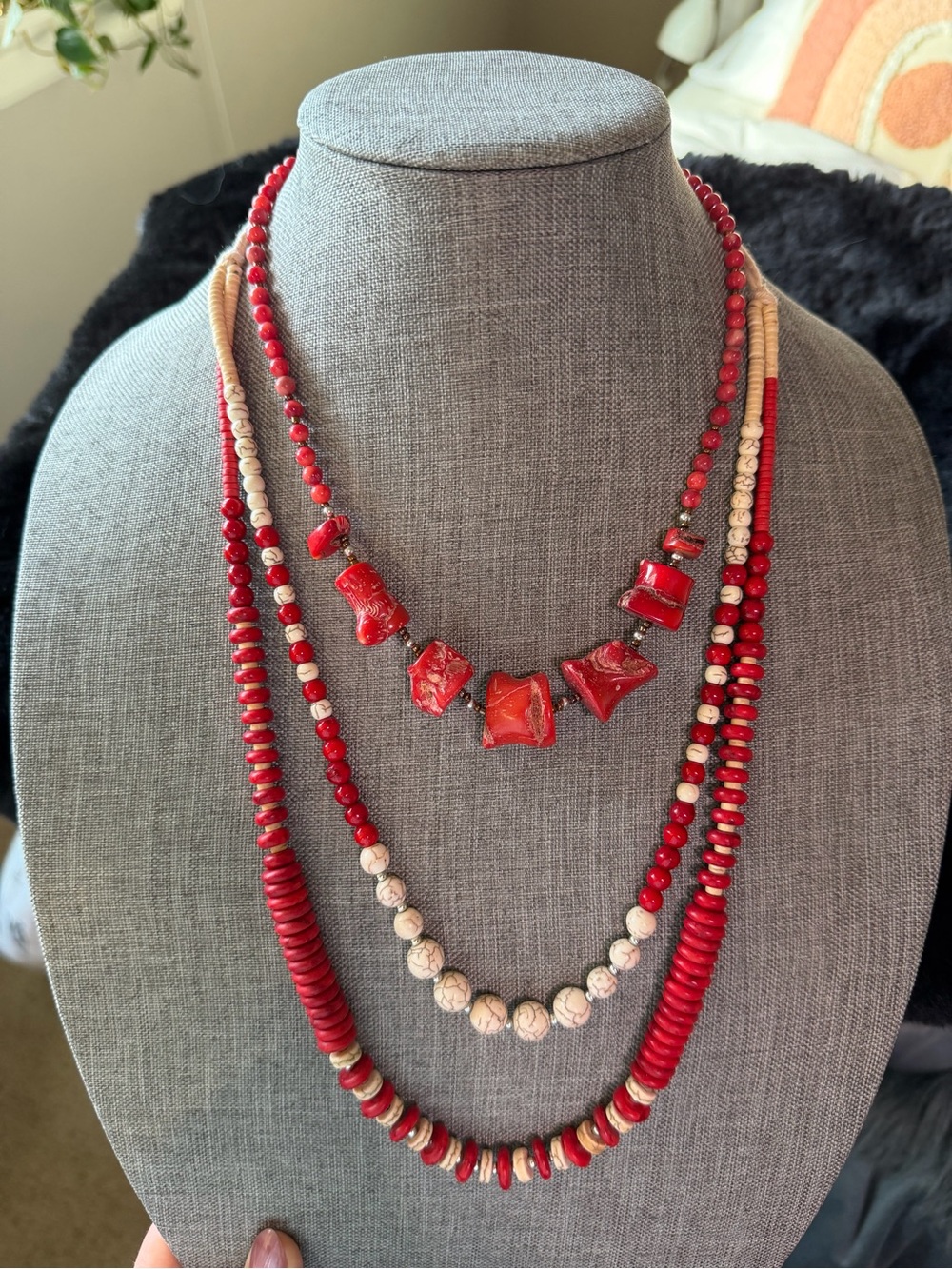 Handcrafted Red Multi-Strand Beaded Necklace Set - Women Jewelry